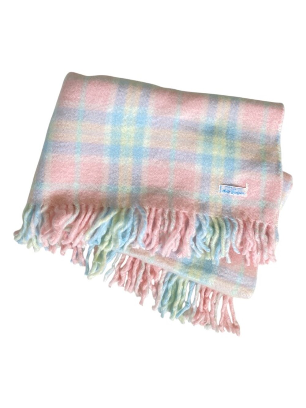 Vtg Holt Renfrew Pastel Plaid Wool Blanket Made in Italy EUC Pink Blue